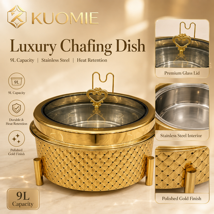 KUOMIE 9L Gold Chafing Dish with Glass Lid for Luxury Buffet Food Warming