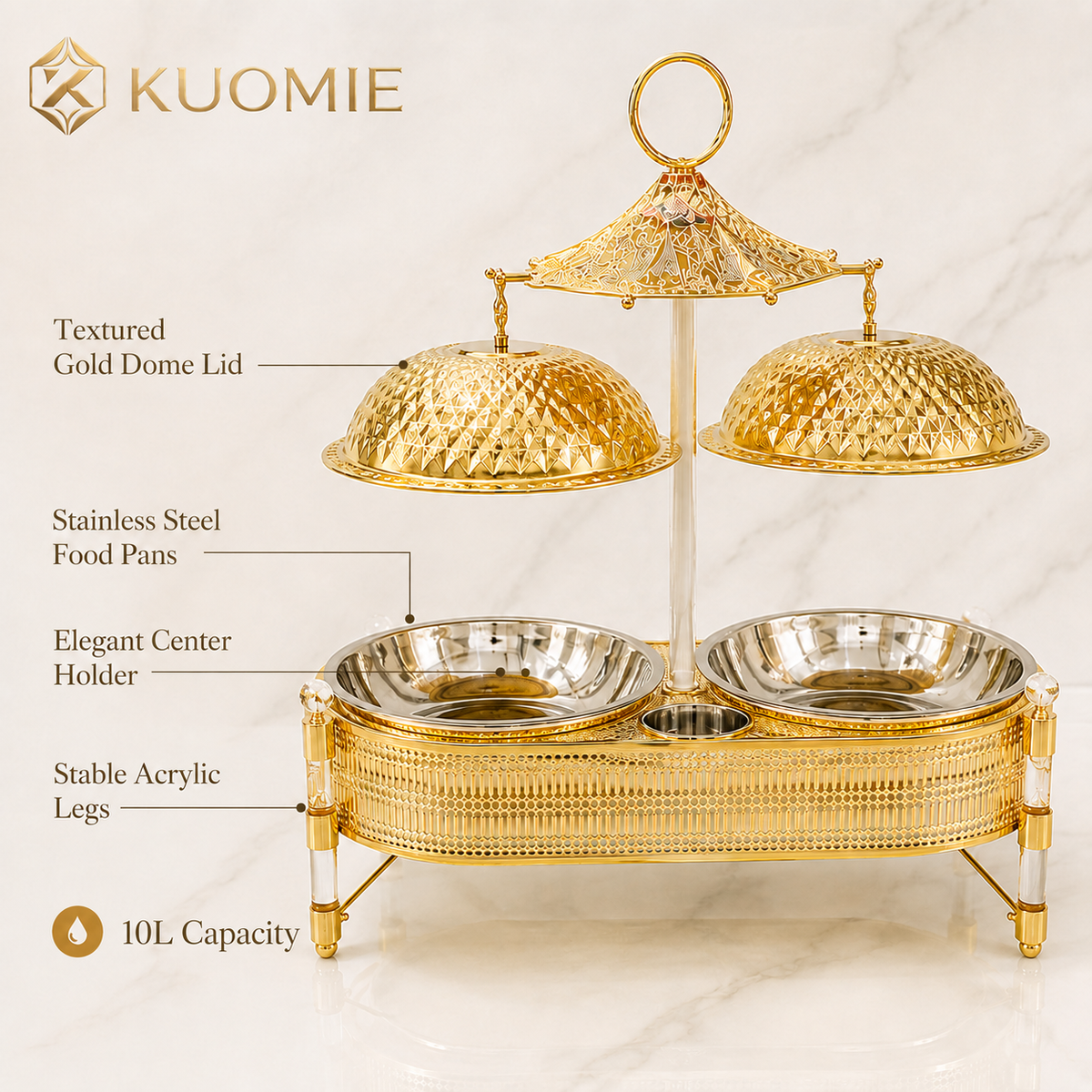 KUOMIE 10L Luxury Gold Double Chafing Dish Set with Textured Dome Lids