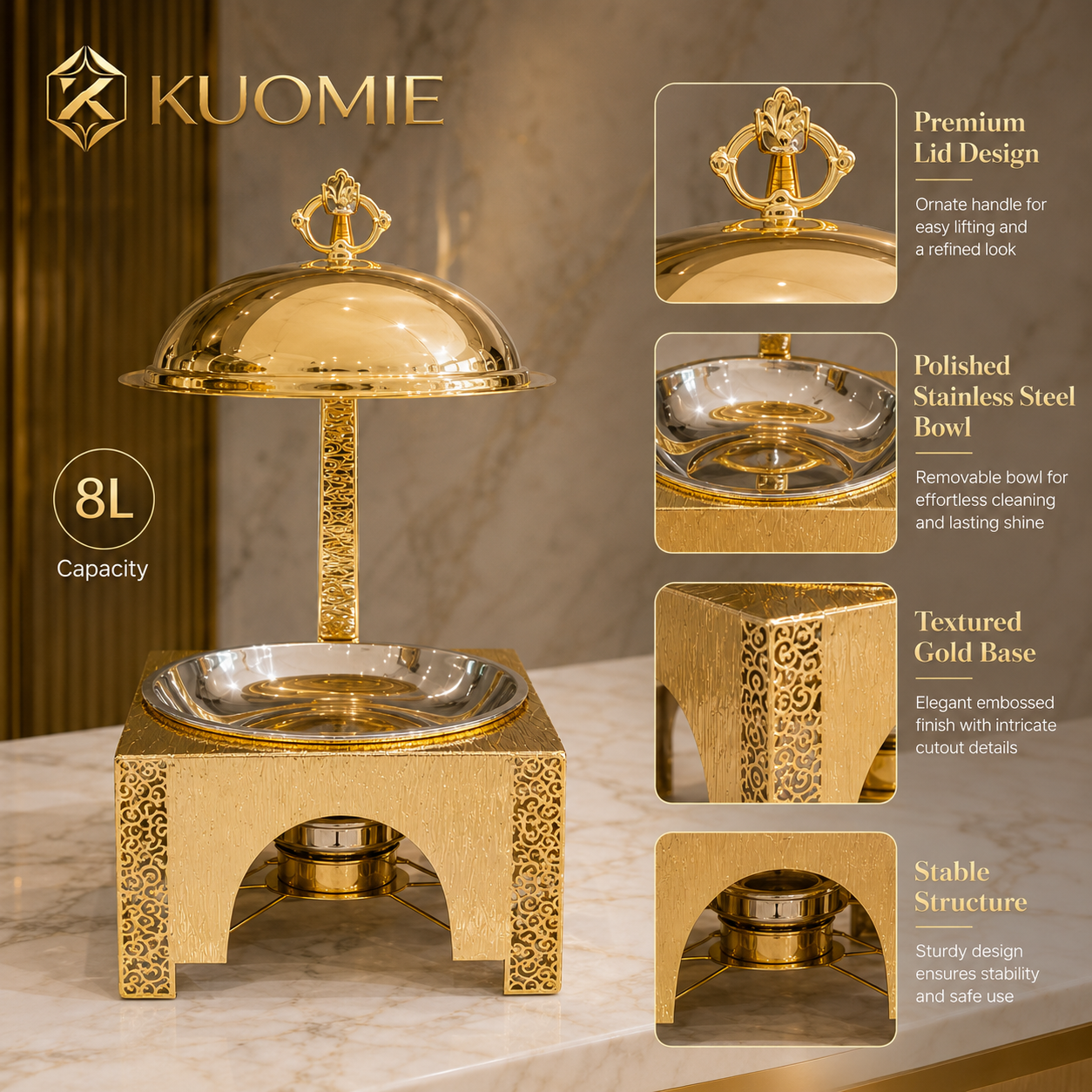 KUOMIE Premium Gold Food Warmer with Decorative Square Base for Hotels and Weddings