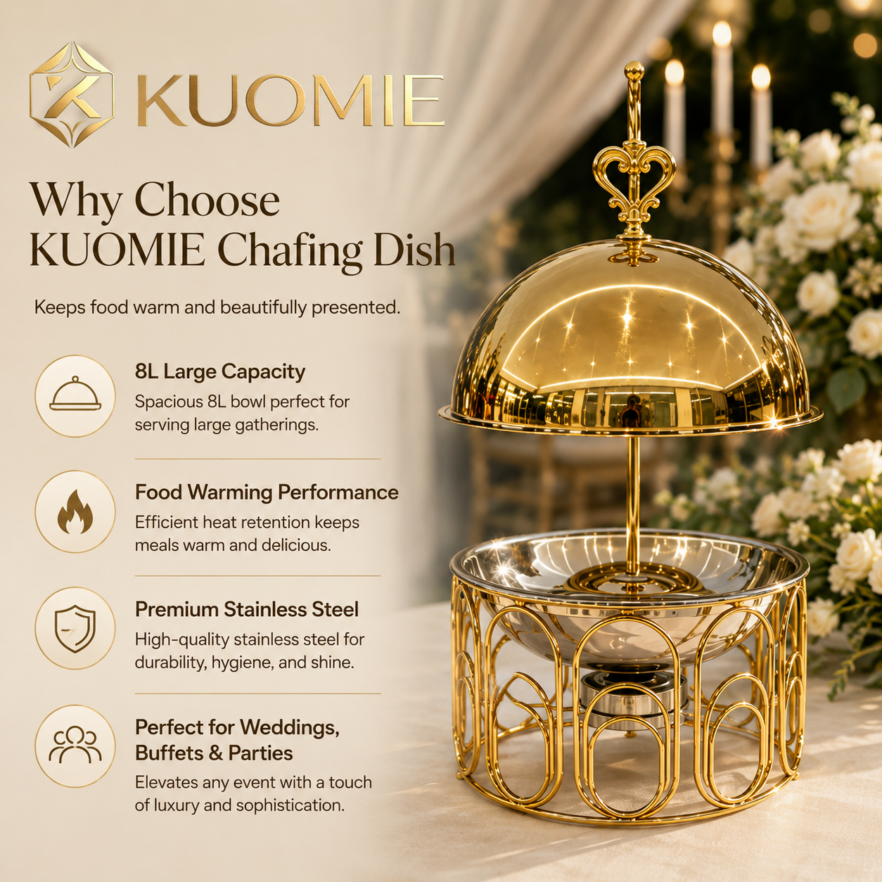 Luxury Round Gold Chafing Dish with Stainless Steel Food Pan, Dome Lid & Decorative Wire Frame for Hotel Buffet, Wedding Catering, Banquets & Parties