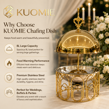 Luxury Round Gold Chafing Dish with Stainless Steel Food Pan, Dome Lid & Decorative Wire Frame for Hotel Buffet, Wedding Catering, Banquets & Parties