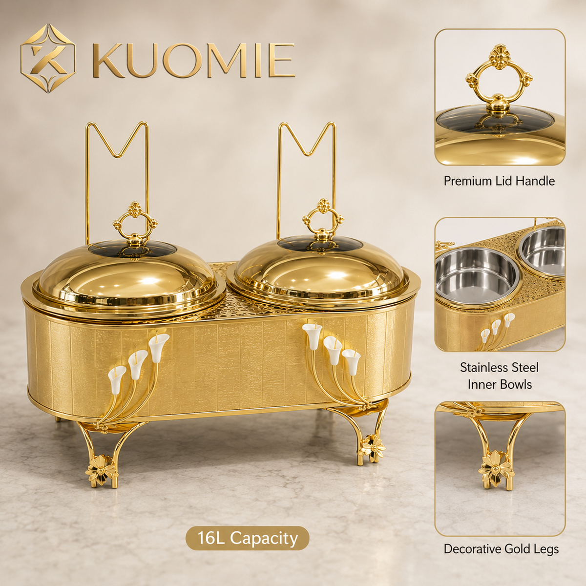 KUOMIE Luxury 16L Dual Compartment Gold Chafing Dish with Stainless Steel Food Pans for Weddings, Buffets, Hotels & Events
