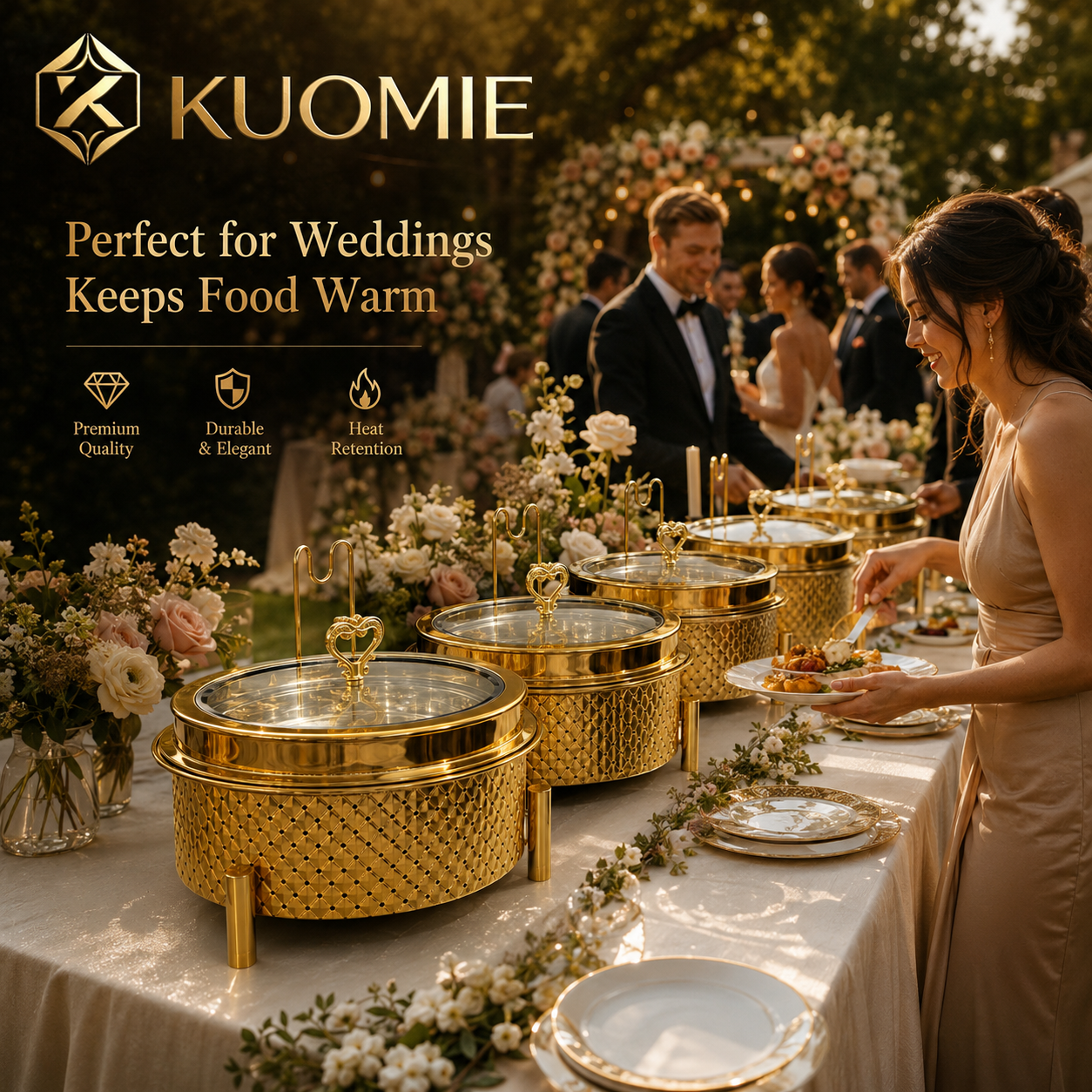 KUOMIE 9L Gold Chafing Dish with Glass Lid for Luxury Buffet Food Warming