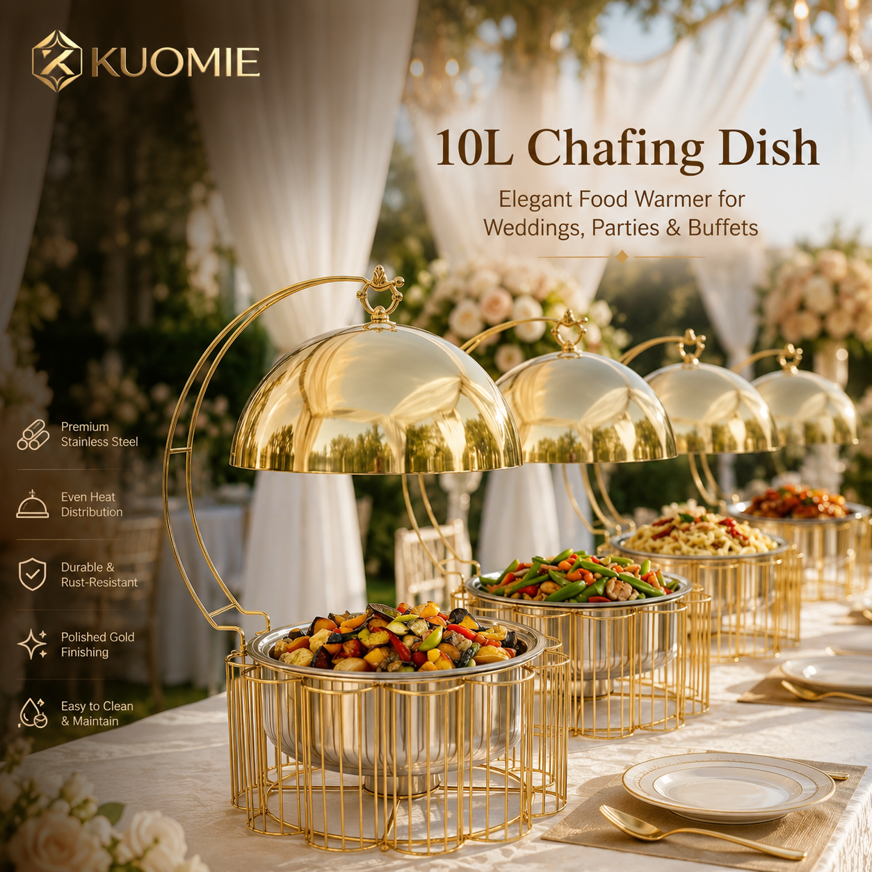 Luxury Gold Round Chafing Dish Set with Dome Lid for Outdoor Wedding Buffet, Catering Events & Party Food Warmer