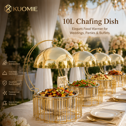 Luxury Gold Round Chafing Dish Set with Dome Lid for Outdoor Wedding Buffet, Catering Events & Party Food Warmer
