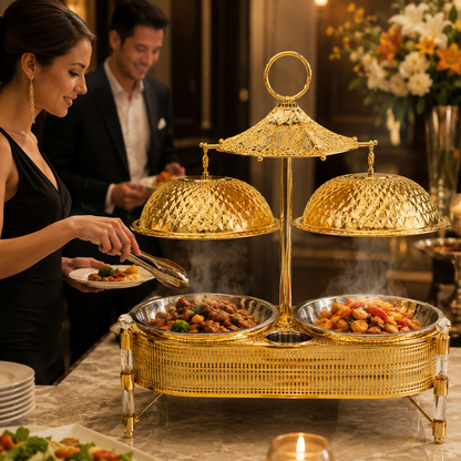 KUOMIE 10L Luxury Gold Double Chafing Dish Set with Textured Dome Lids