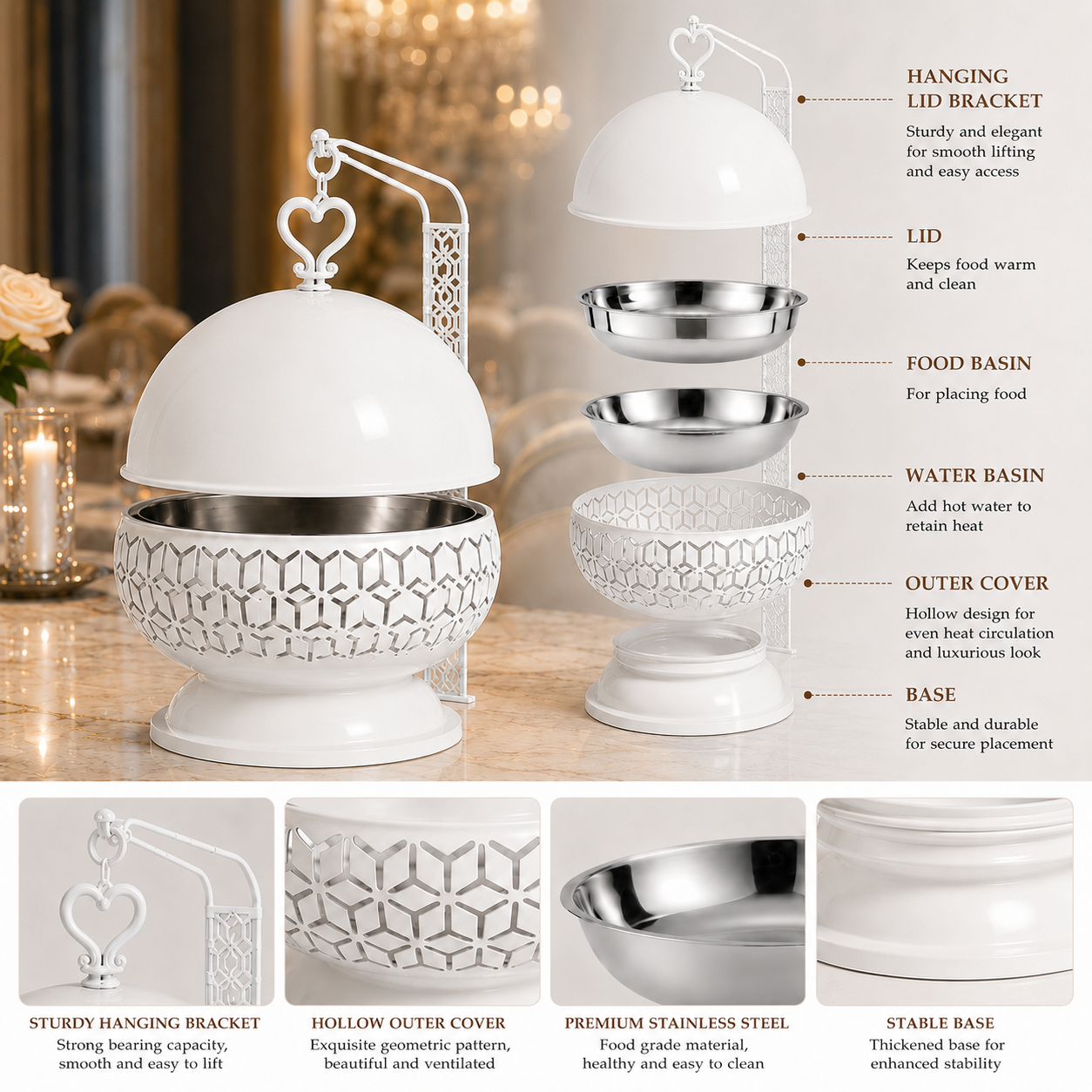 Luxury 8L Stainless Steel Chafing Dish with Hanging Lid for Hotel Buffet, Restaurant Catering & Wedding Banquets Perfect For Luxury Hotel Buffets Wedding Banquets