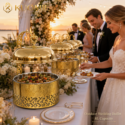 KUOMIE Luxury 8L Gold Chafing Dish with Hanging Lid, Stainless Steel Food Warmer for Weddings, Hotel Buffets, Catering Events, Parties, and Banquets