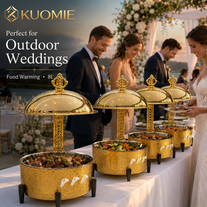 KUOMIE Luxury Gold Chafing Dish with Hanging Dome Lid, Stainless Steel Buffet Food Warmer for Weddings, Hotels, Catering, Banquets, and Parties