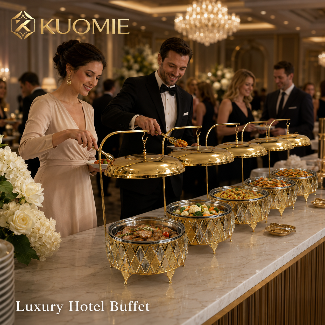 Luxury 8L Gold Buffet Food Warmer with Hanging Lid and Stainless Steel Bowl