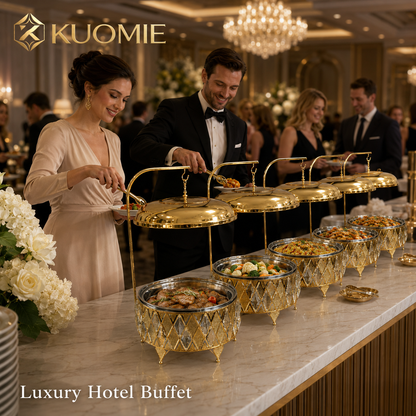 Luxury 8L Gold Buffet Food Warmer with Hanging Lid and Stainless Steel Bowl