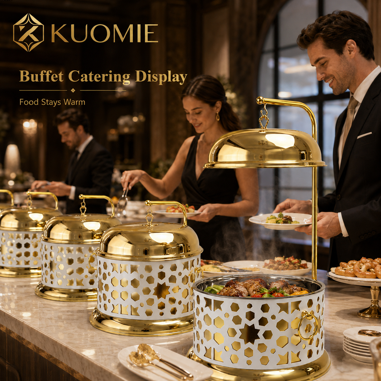 Luxury 13L White and Gold Buffet Warmer with Hanging Lid and Stainless Steel Food Pan