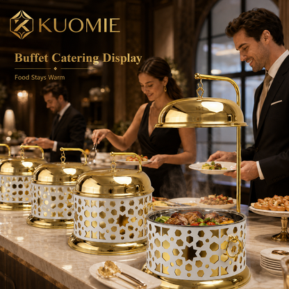 Luxury 13L White and Gold Buffet Warmer with Hanging Lid and Stainless Steel Food Pan
