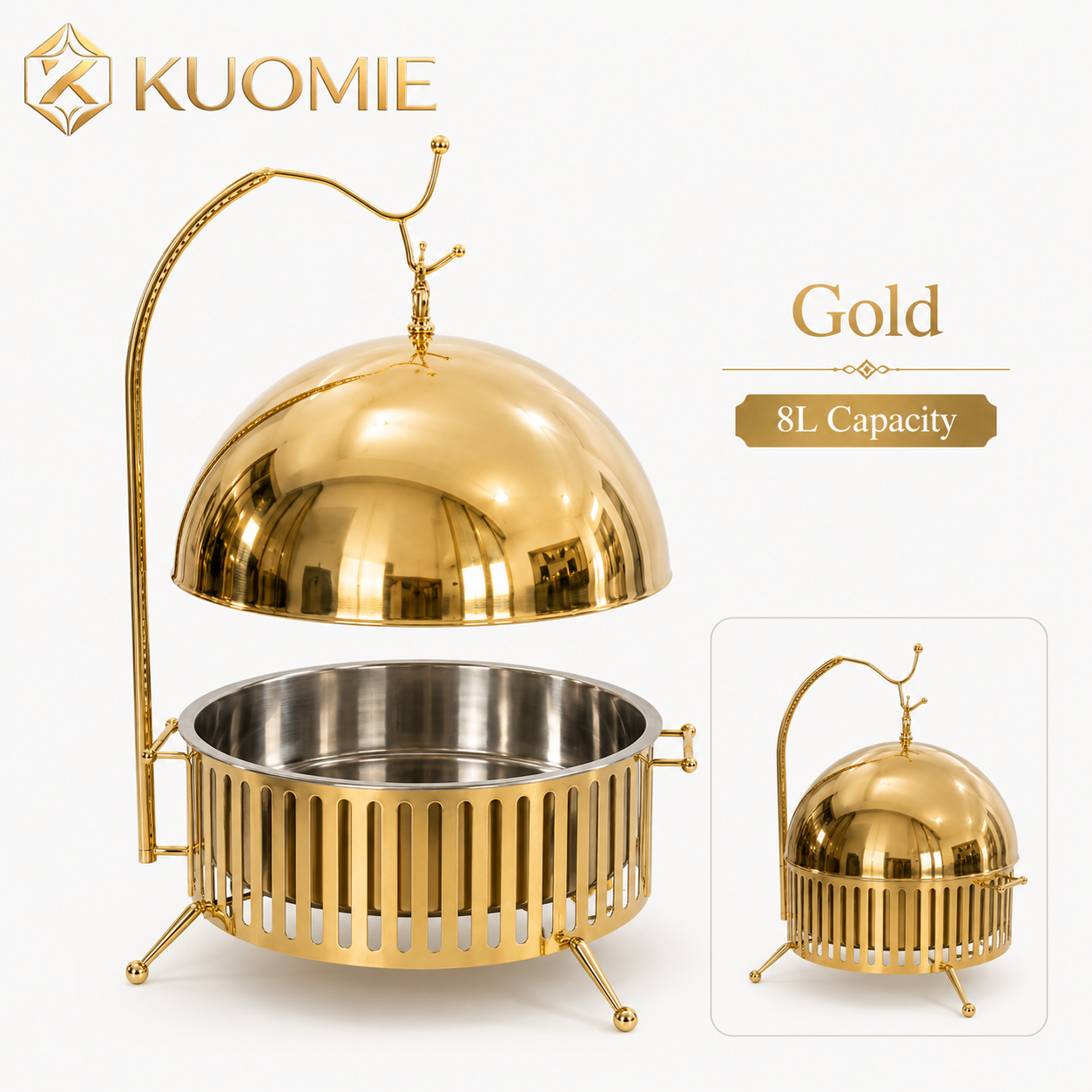 KUOMIE 8L Luxury Gold Chafing Dish with Hanging Dome Lid, Stainless Steel Food Pan, and Buffet Food Warmer Design for Weddings, Hotels, Catering, Banquets, and Parties