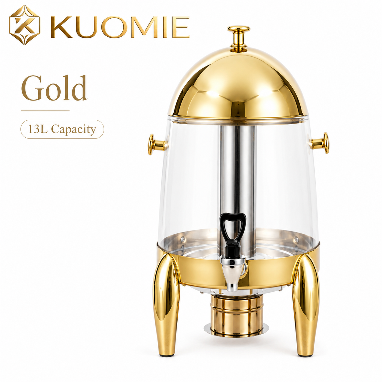 KUOMIE 13L Stainless Steel Beverage Dispenser with Clear Juice Tank, Mirror Polished Lid, Faucet, and Drip Tray for Hotels, Buffets, Weddings, Catering, and Parties