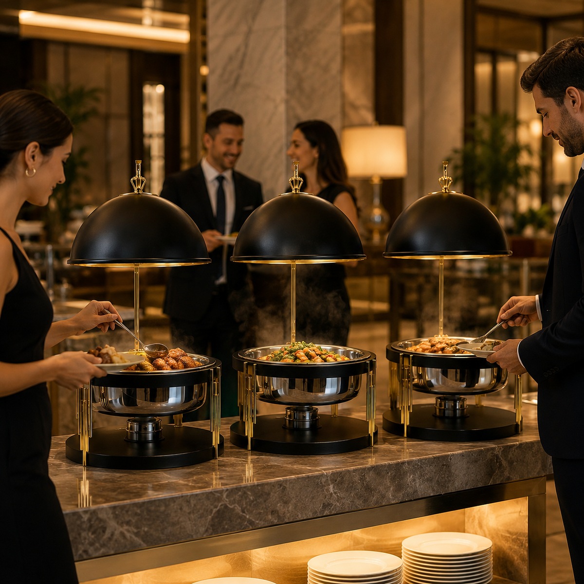Luxury Black Gold Round Chafing Dish for Hotel Buffet, Wedding Catering & Banquet Events