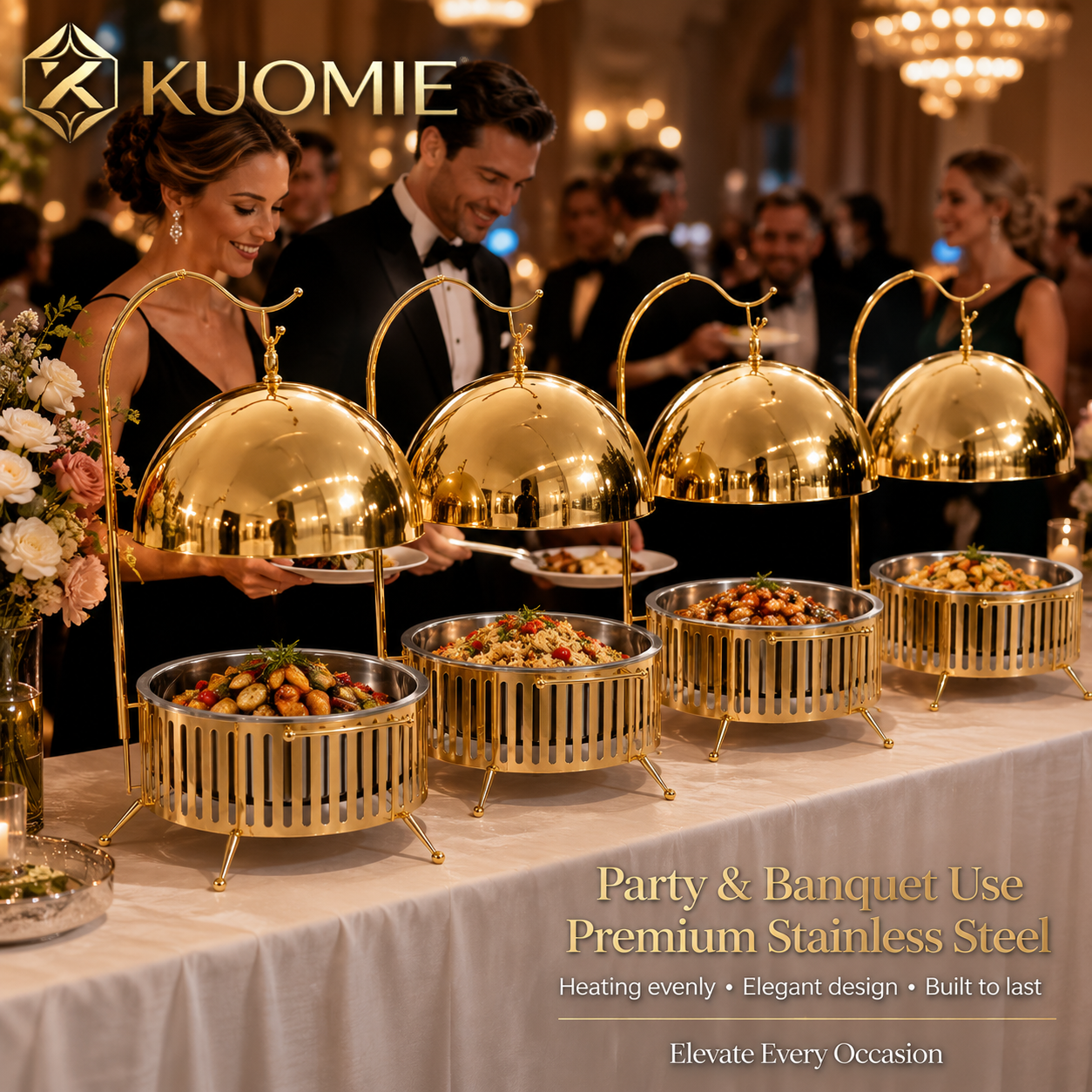 KUOMIE 8L Luxury Gold Chafing Dish with Hanging Dome Lid, Stainless Steel Food Pan, and Buffet Food Warmer Design for Weddings, Hotels, Catering, Banquets, and Parties