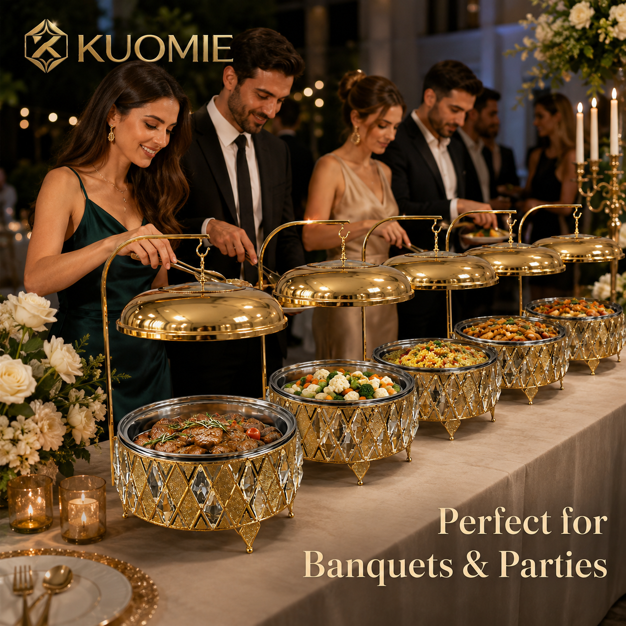 Luxury 8L Gold Buffet Food Warmer with Hanging Lid and Stainless Steel Bowl