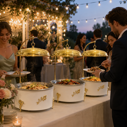 Luxury White & Gold Round Chafing Dish for Wedding Buffet, Hotel Catering & Party Food Warmer