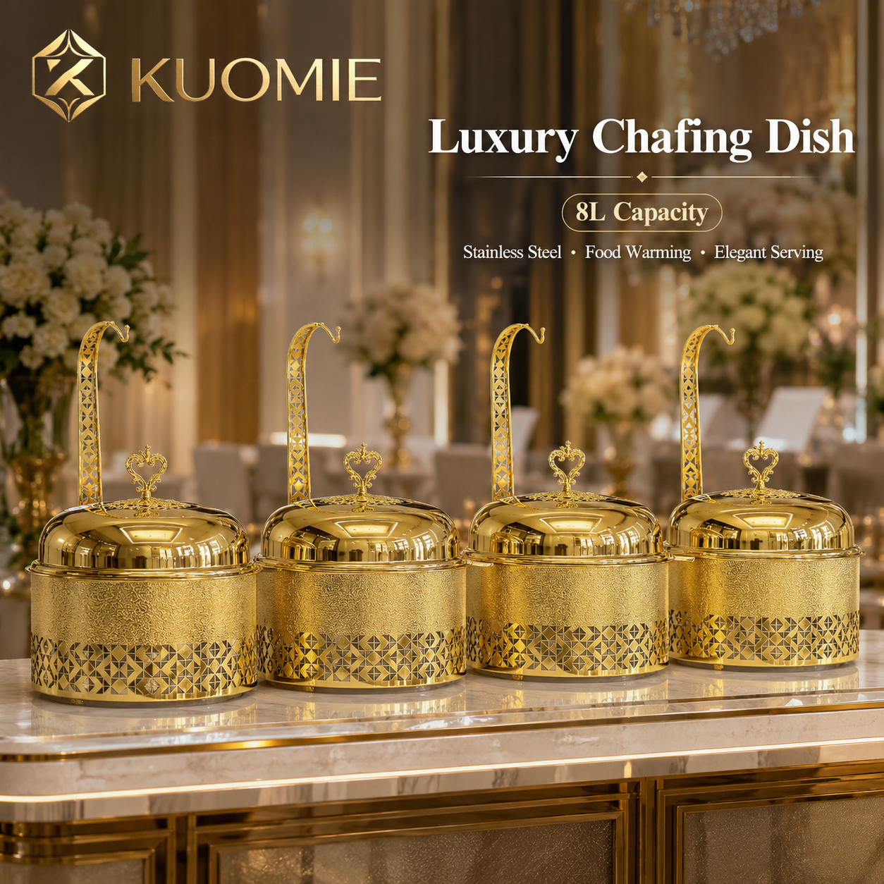 KUOMIE Luxury 8L Gold Chafing Dish with Hanging Lid, Stainless Steel Food Warmer for Weddings, Hotel Buffets, Catering Events, Parties, and Banquets