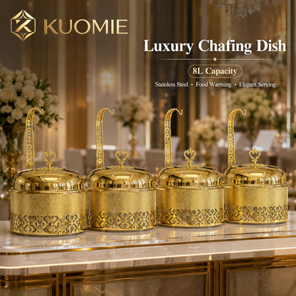 KUOMIE Luxury 8L Gold Chafing Dish with Hanging Lid, Stainless Steel Food Warmer for Weddings, Hotel Buffets, Catering Events, Parties, and Banquets