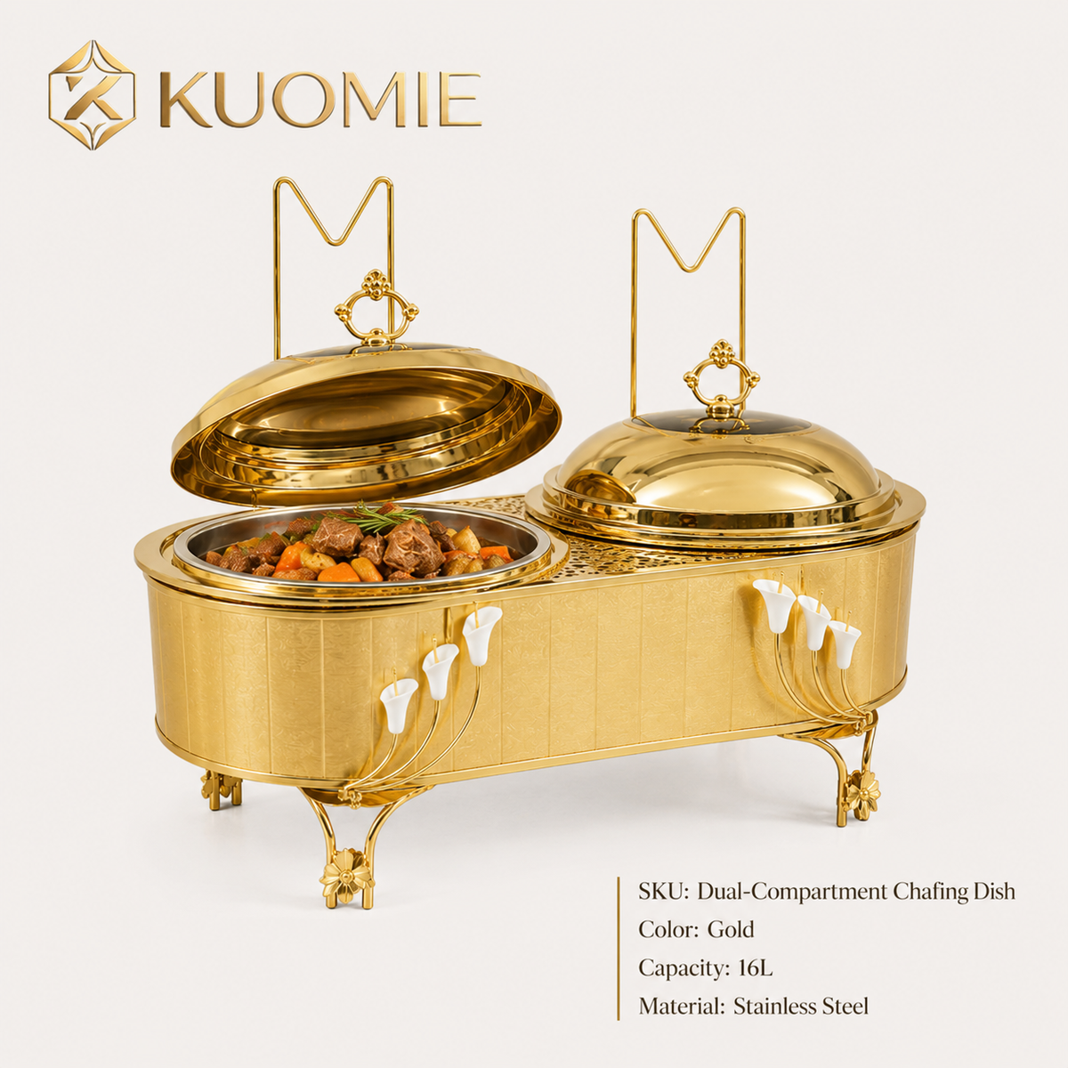 KUOMIE Luxury 16L Dual Compartment Gold Chafing Dish with Stainless Steel Food Pans for Weddings, Buffets, Hotels & Events