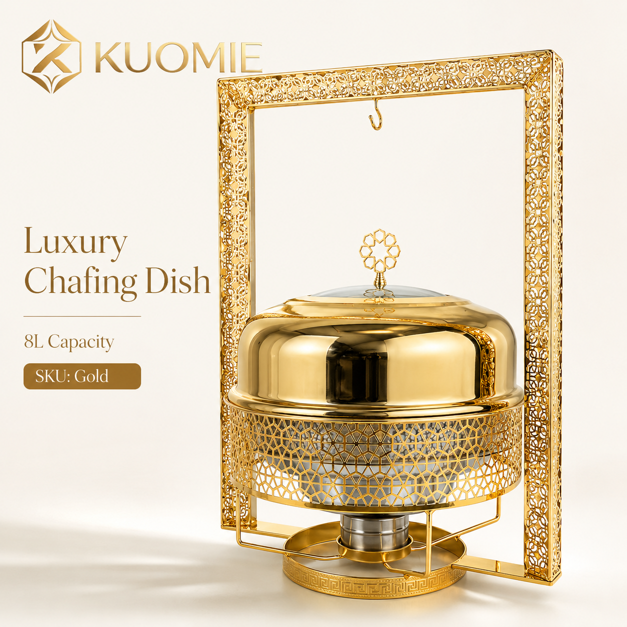 KUOMIE Luxury 8L Gold Chafing Dish with Hanging Lid Frame, Stainless Steel Buffet Food Warmer for Weddings, Hotels, Catering, Parties, and Banquets