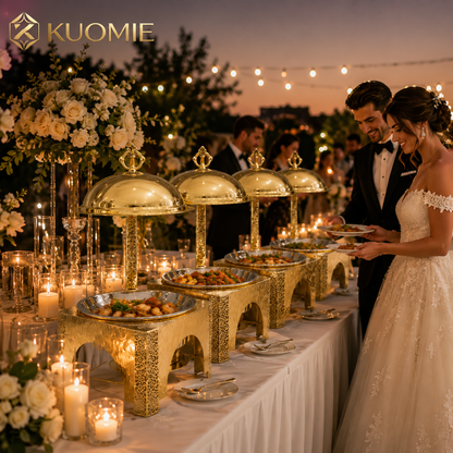 KUOMIE Premium Gold Food Warmer with Decorative Square Base for Hotels and Weddings