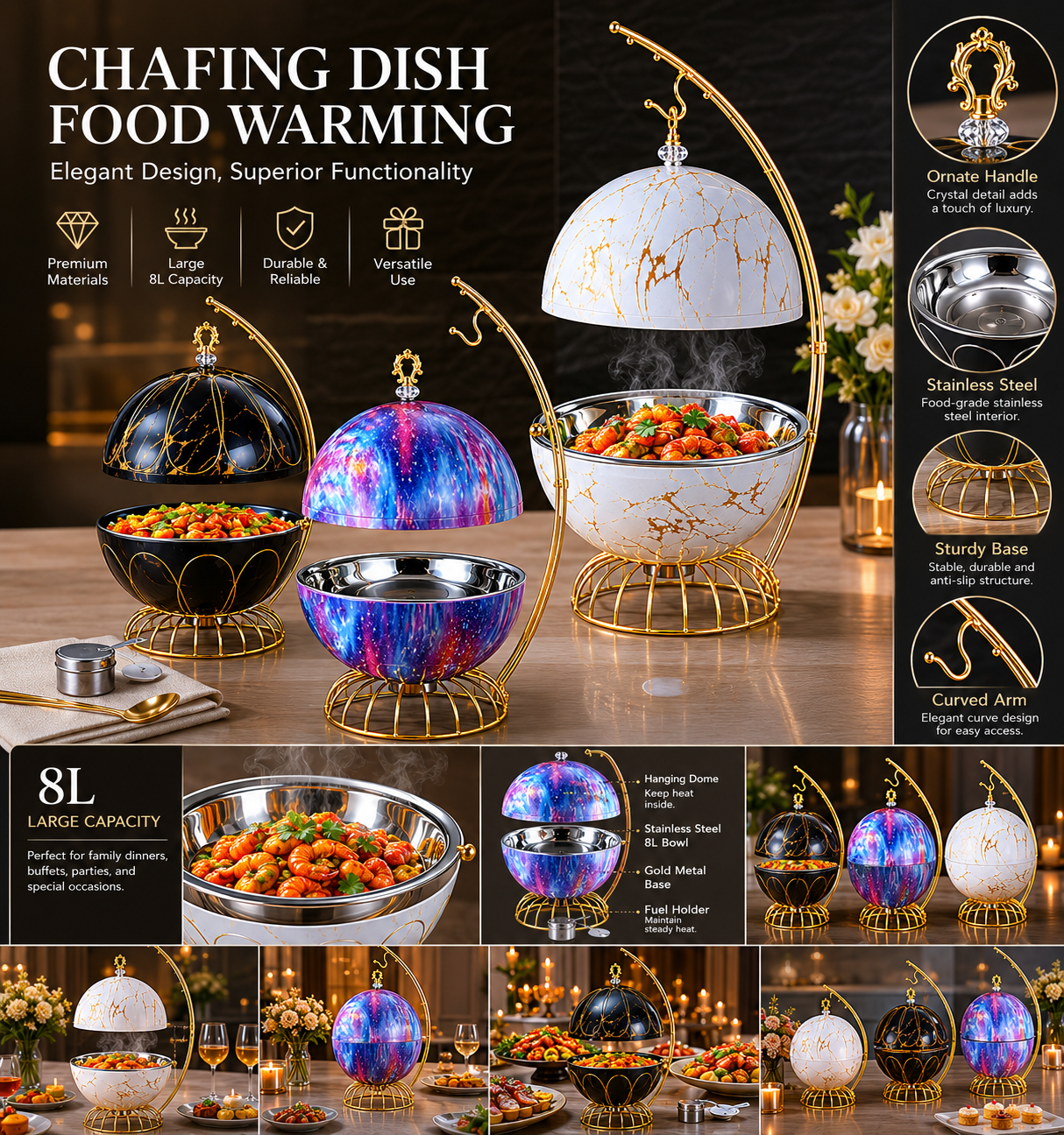 Luxury 8L Hanging Dome Chafing Dish Buffet Food Warmer for Hotel Buffet, Wedding Reception, Catering & Banquet Events
