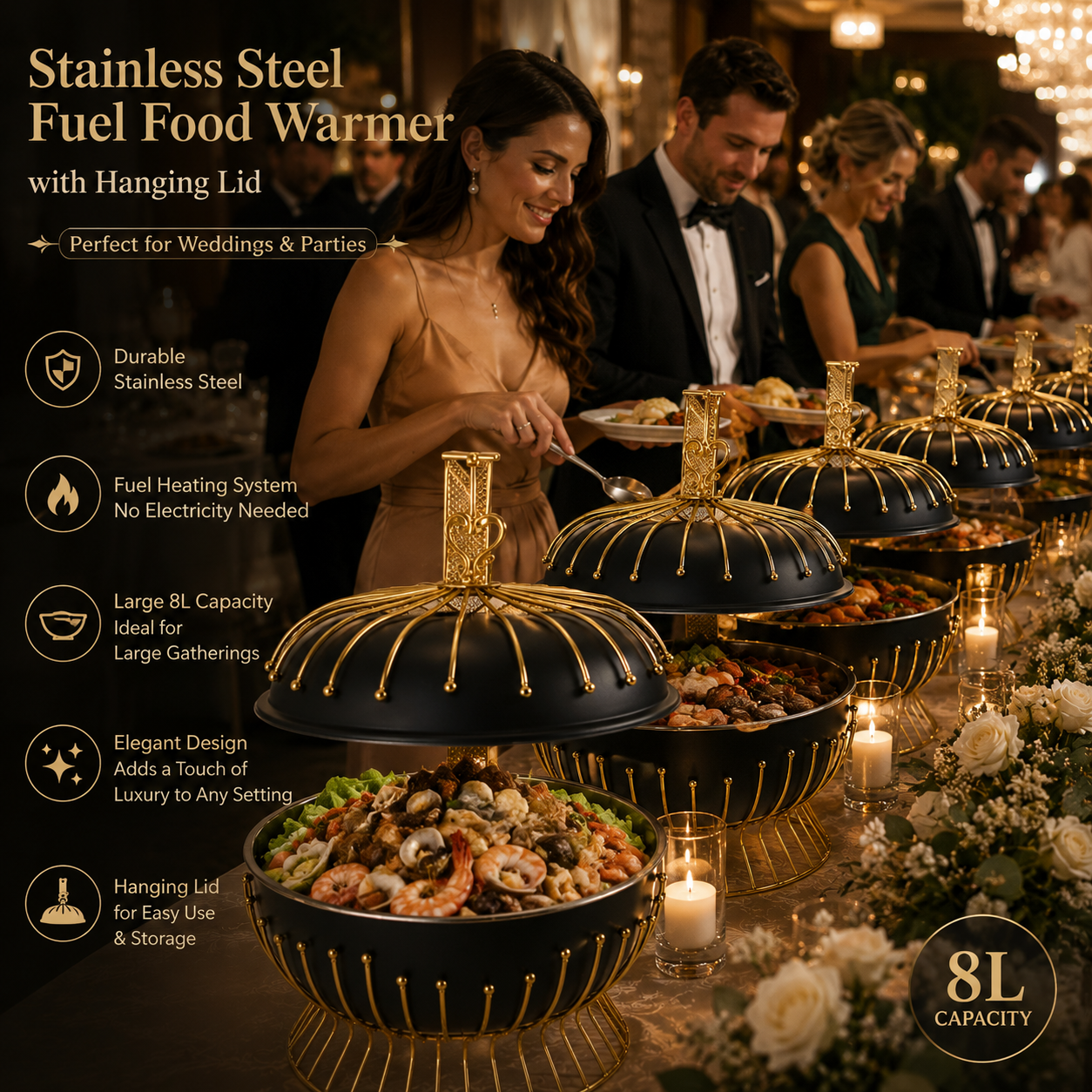 Luxury 8L Hanging Dome Chafing Dish | Premium Buffet Food Warmer for Hotel, Wedding & Catering