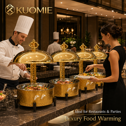KUOMIE Luxury Gold Chafing Dish with Hanging Dome Lid, Stainless Steel Buffet Food Warmer for Weddings, Hotels, Catering, Banquets, and Parties