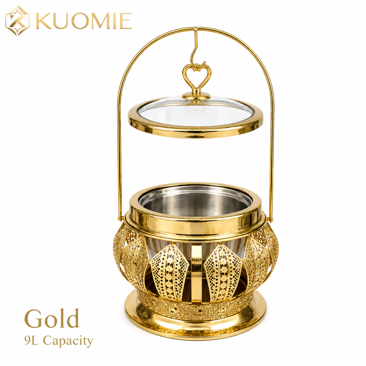 Luxury Round Gold Chafing Dish with Glass Lid, Stainless Steel Food Pan & Decorative Hanging Handle for Hotel Buffet, Wedding Catering, Banquets and Parties