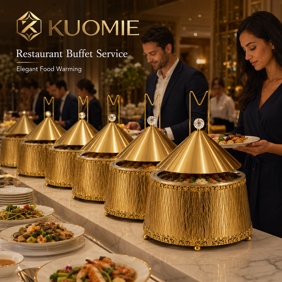 KUOMIE Luxury Gold 9L Chafing Dish Food Warmer with Stainless Steel Bowl and Cone Lid for Weddings, Buffets and Catering