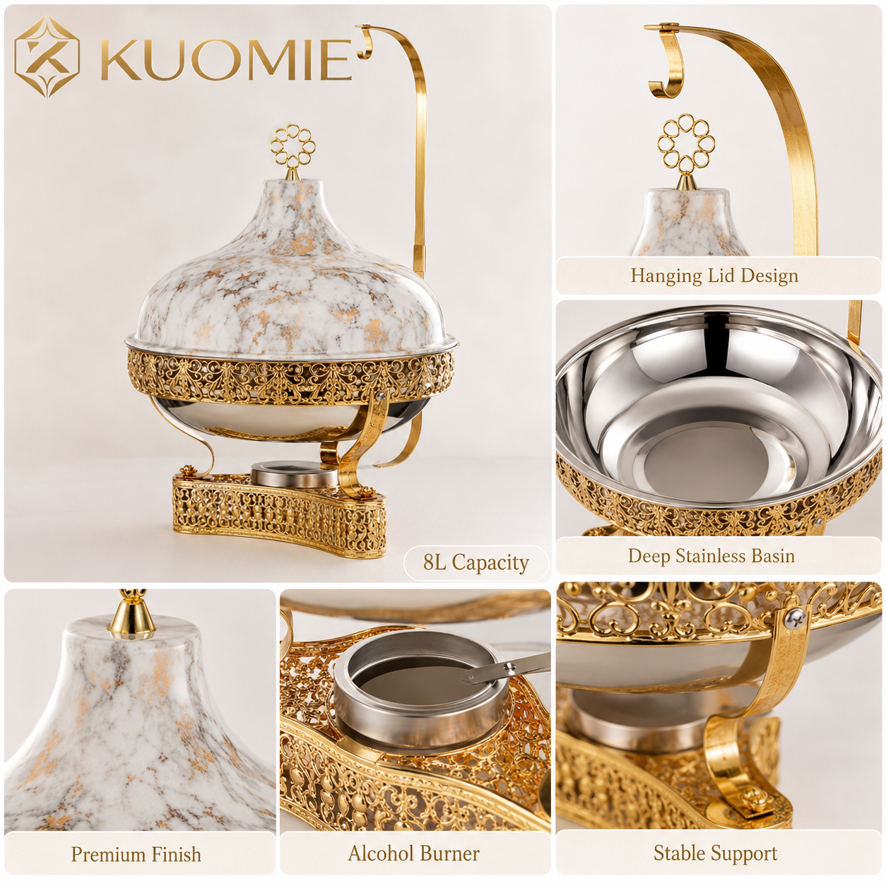 KUOMIE 8L Luxury Chafing Dish with Hanging Lid, Stainless Steel Food Pan, Gold Filigree Buffet Warmer for Weddings, Hotels, Catering, Parties and Events