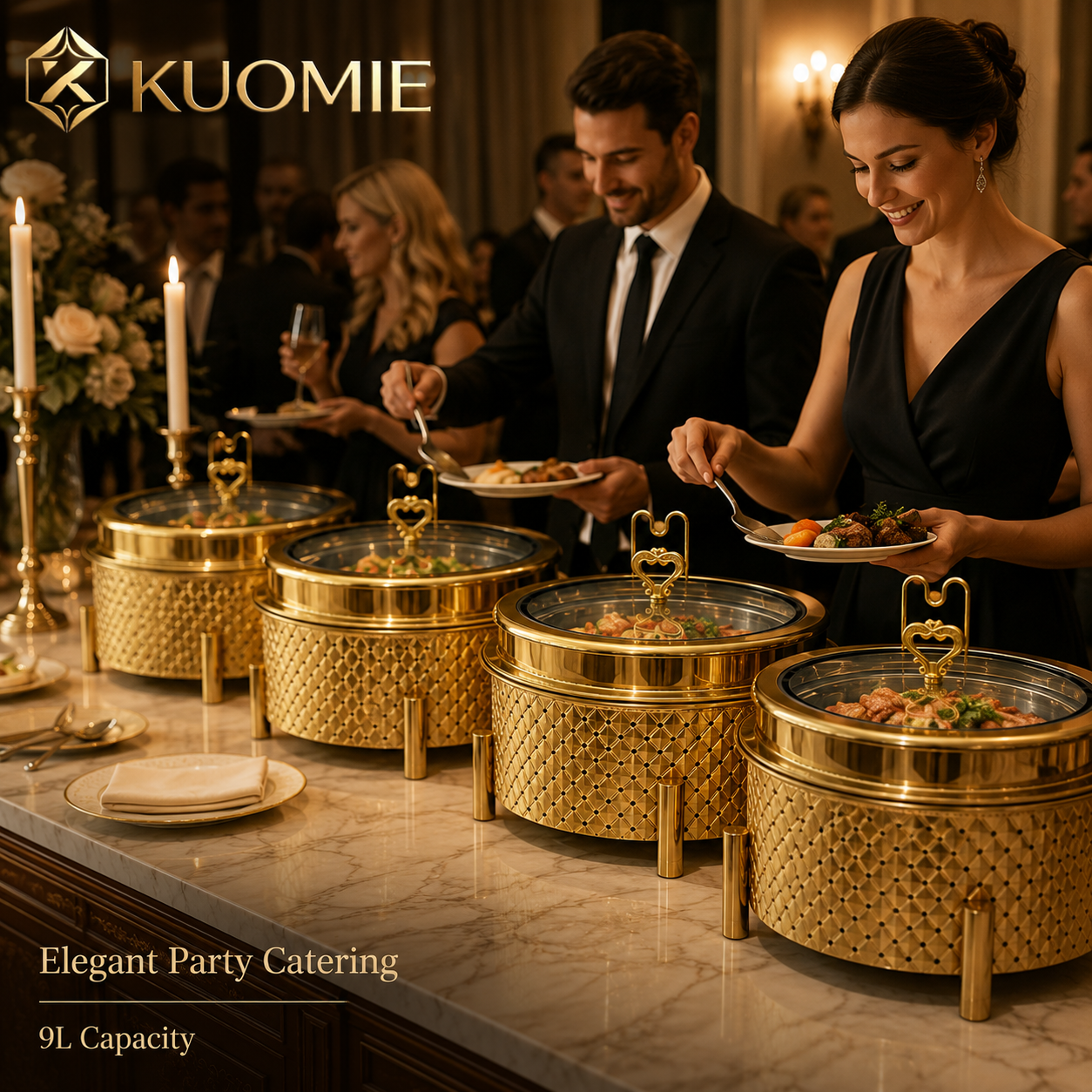 KUOMIE 9L Gold Chafing Dish with Glass Lid for Luxury Buffet Food Warming