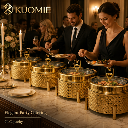 KUOMIE 9L Gold Chafing Dish with Glass Lid for Luxury Buffet Food Warming