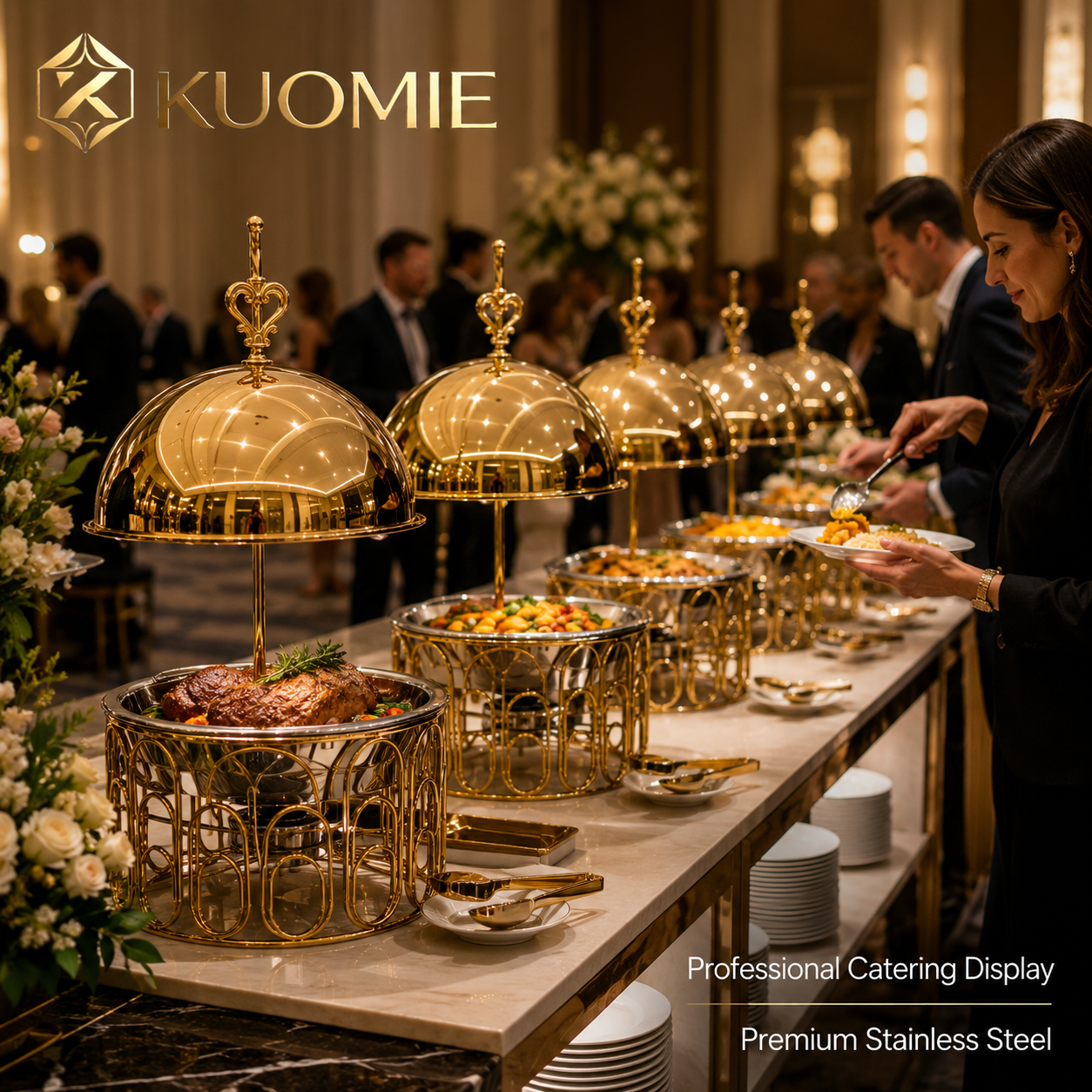 Luxury Round Gold Chafing Dish with Stainless Steel Food Pan, Dome Lid & Decorative Wire Frame for Hotel Buffet, Wedding Catering, Banquets & Parties