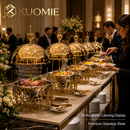 Luxury Round Gold Chafing Dish with Stainless Steel Food Pan, Dome Lid & Decorative Wire Frame for Hotel Buffet, Wedding Catering, Banquets & Parties