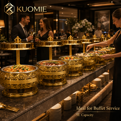 KUOMIE Luxury Gold 9L Chafing Dish for Premium Buffet Food Warming and Elegant Event Catering