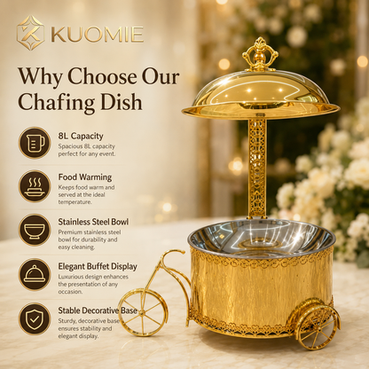 Luxury Gold Round Chafing Dish Cart Set with Dome Lids for Wedding Buffet, Hotel Catering, Banquet Events & Party Food Warmer