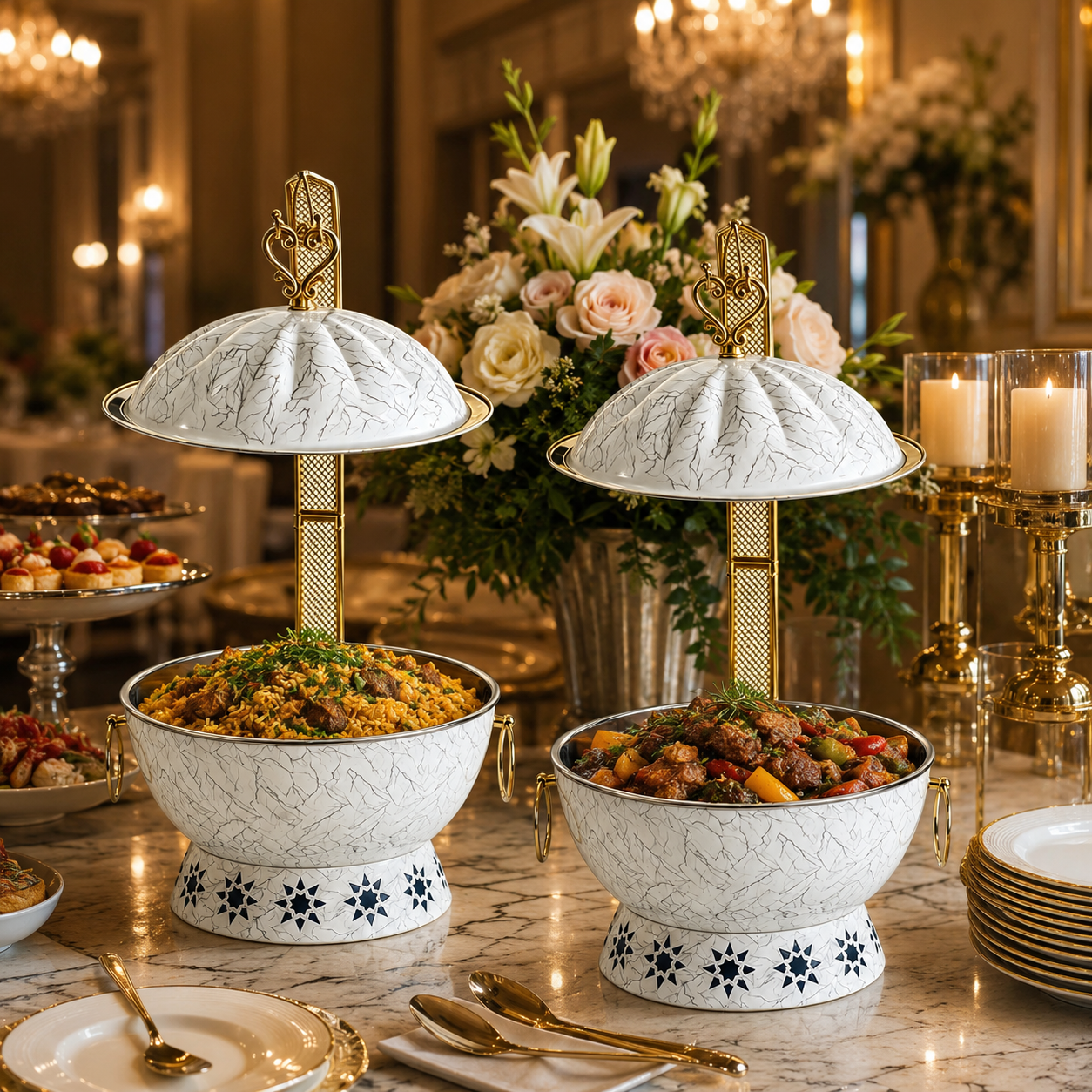 Luxury Marble Chafing Dish with Gold Accents for Weddings, Hotels & Banquets