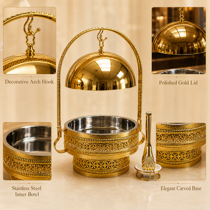 Luxury Gold Round Chafing Dish with Hanging Dome Lid for Wedding Buffet & Hotel Catering