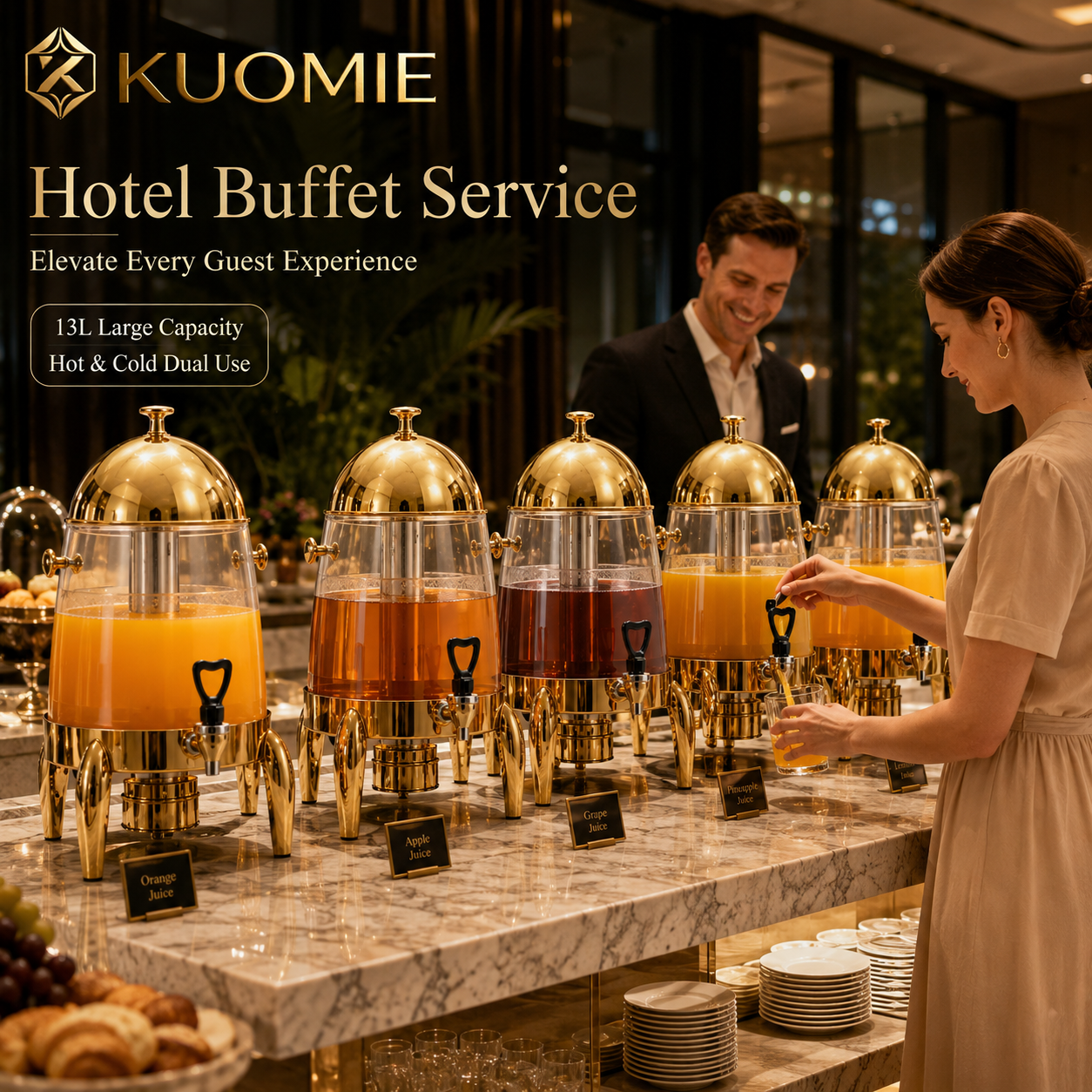 KUOMIE 13L Stainless Steel Beverage Dispenser with Clear Juice Tank, Mirror Polished Lid, Faucet, and Drip Tray for Hotels, Buffets, Weddings, Catering, and Parties