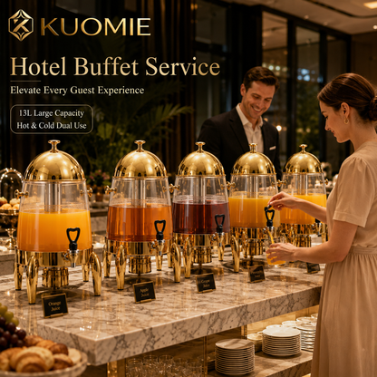 KUOMIE 13L Stainless Steel Beverage Dispenser with Clear Juice Tank, Mirror Polished Lid, Faucet, and Drip Tray for Hotels, Buffets, Weddings, Catering, and Parties