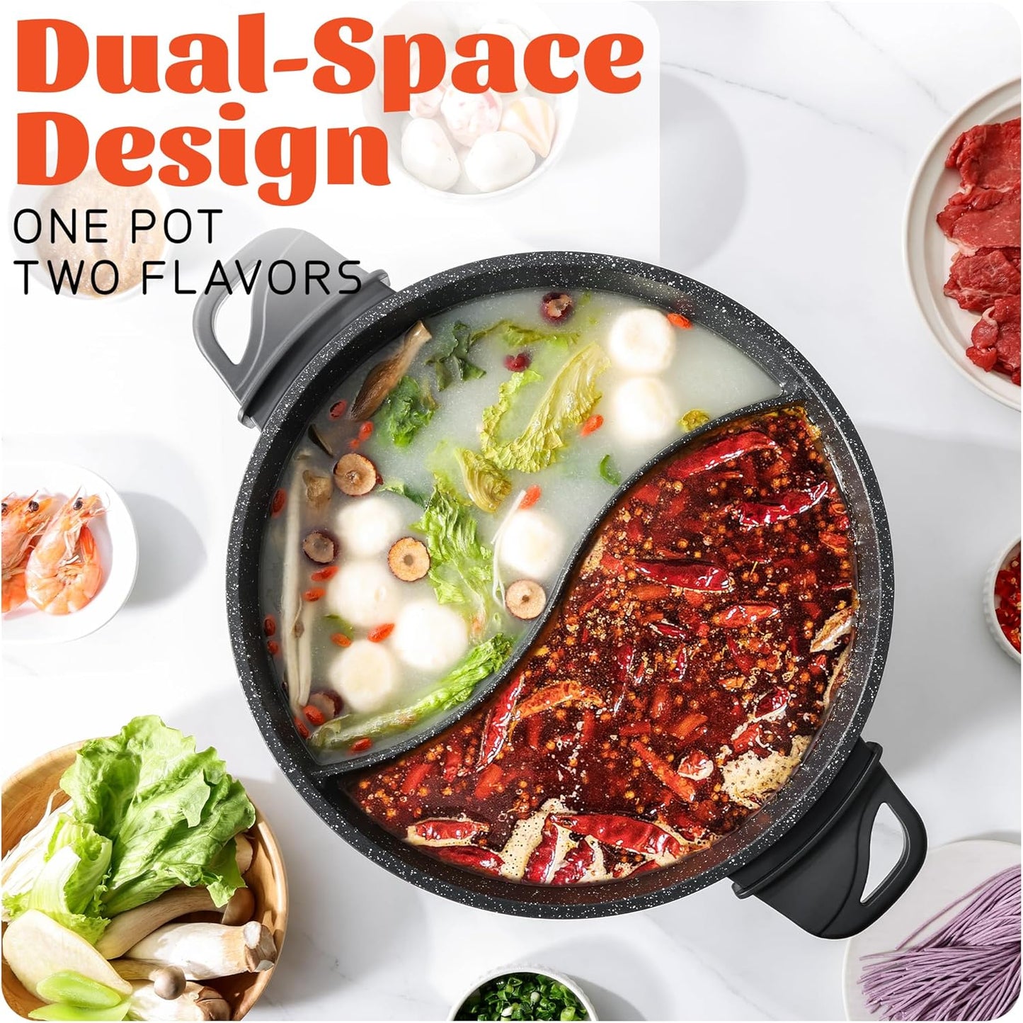 Electric Hot Pot with Divider | EvenHeat Cast Aluminum Non-Stick Pot for No-Spot Cooking | 1500W Fast Heating | Dual-Flavor Shabu Shabu Pot for Family Use | 1-Yr Warranty