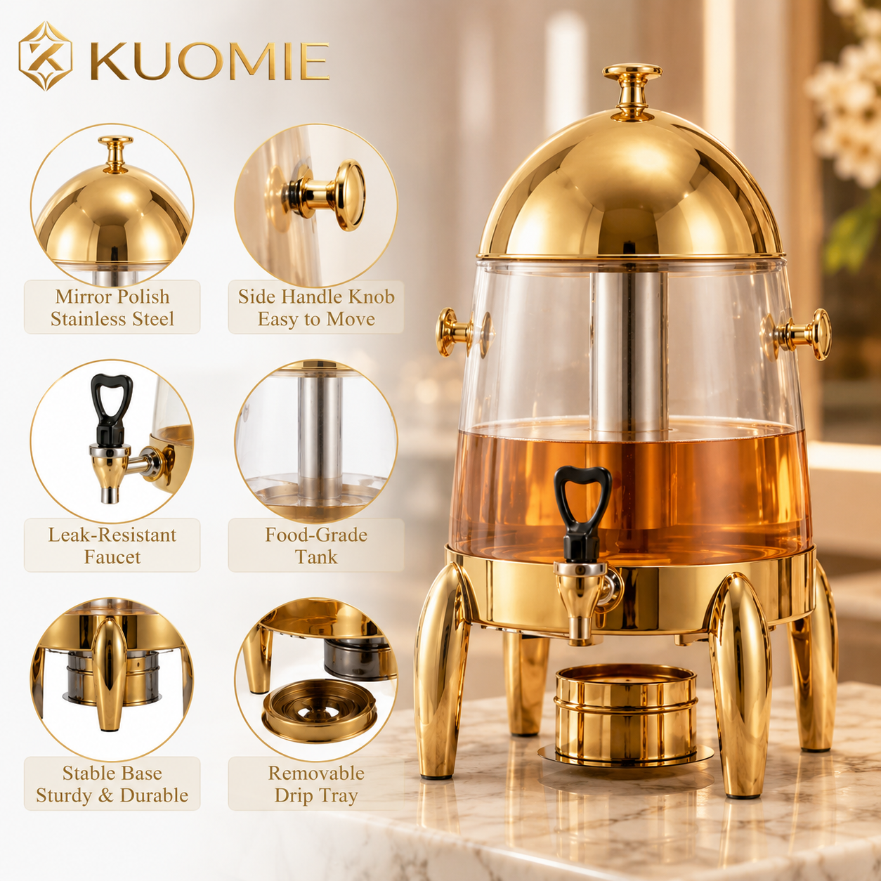 KUOMIE 13L Stainless Steel Beverage Dispenser with Clear Juice Tank, Mirror Polished Lid, Faucet, and Drip Tray for Hotels, Buffets, Weddings, Catering, and Parties