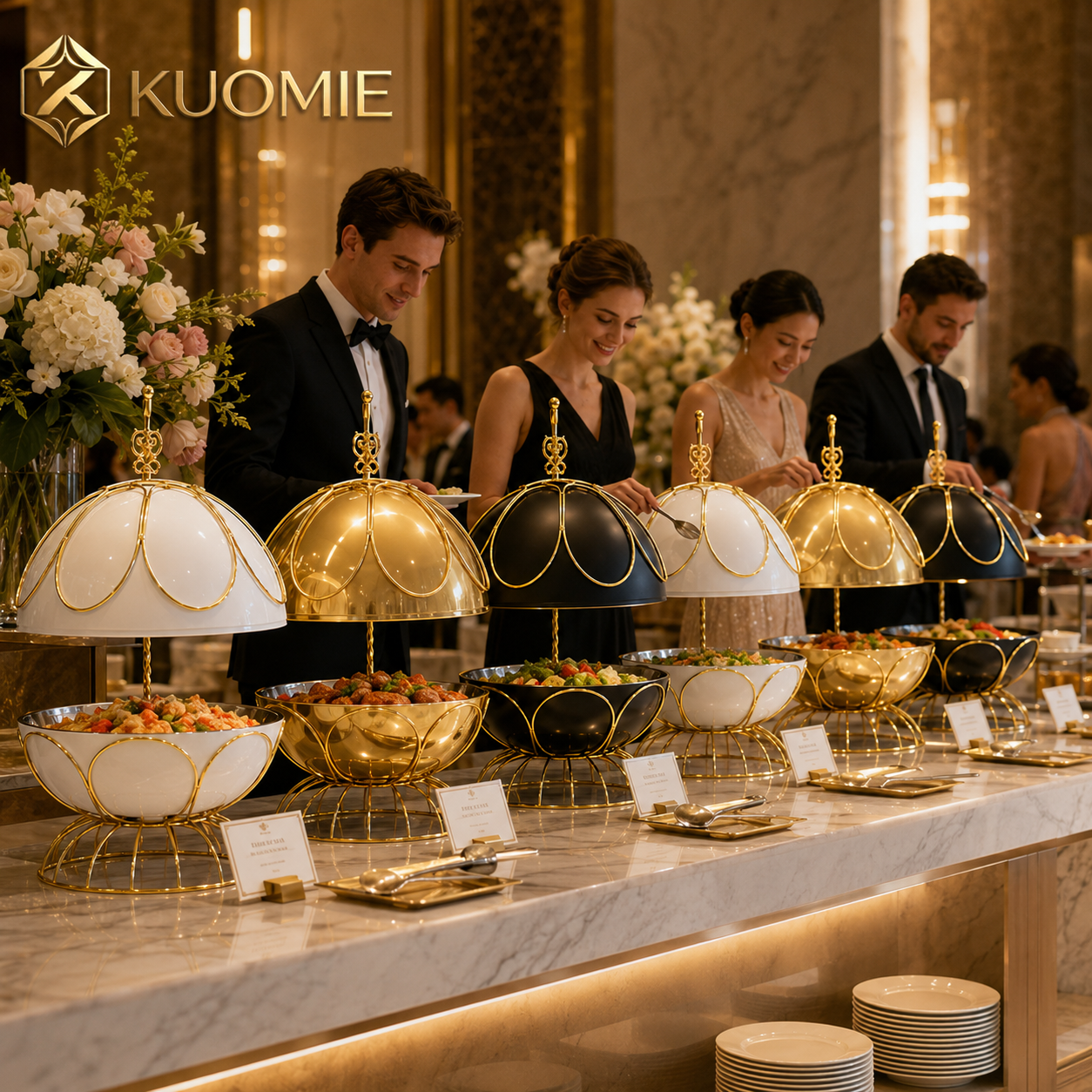 8L Luxury Chafing Dish with Hanging Petal Dome Lid for Hotel Buffets, Weddings and Catering
