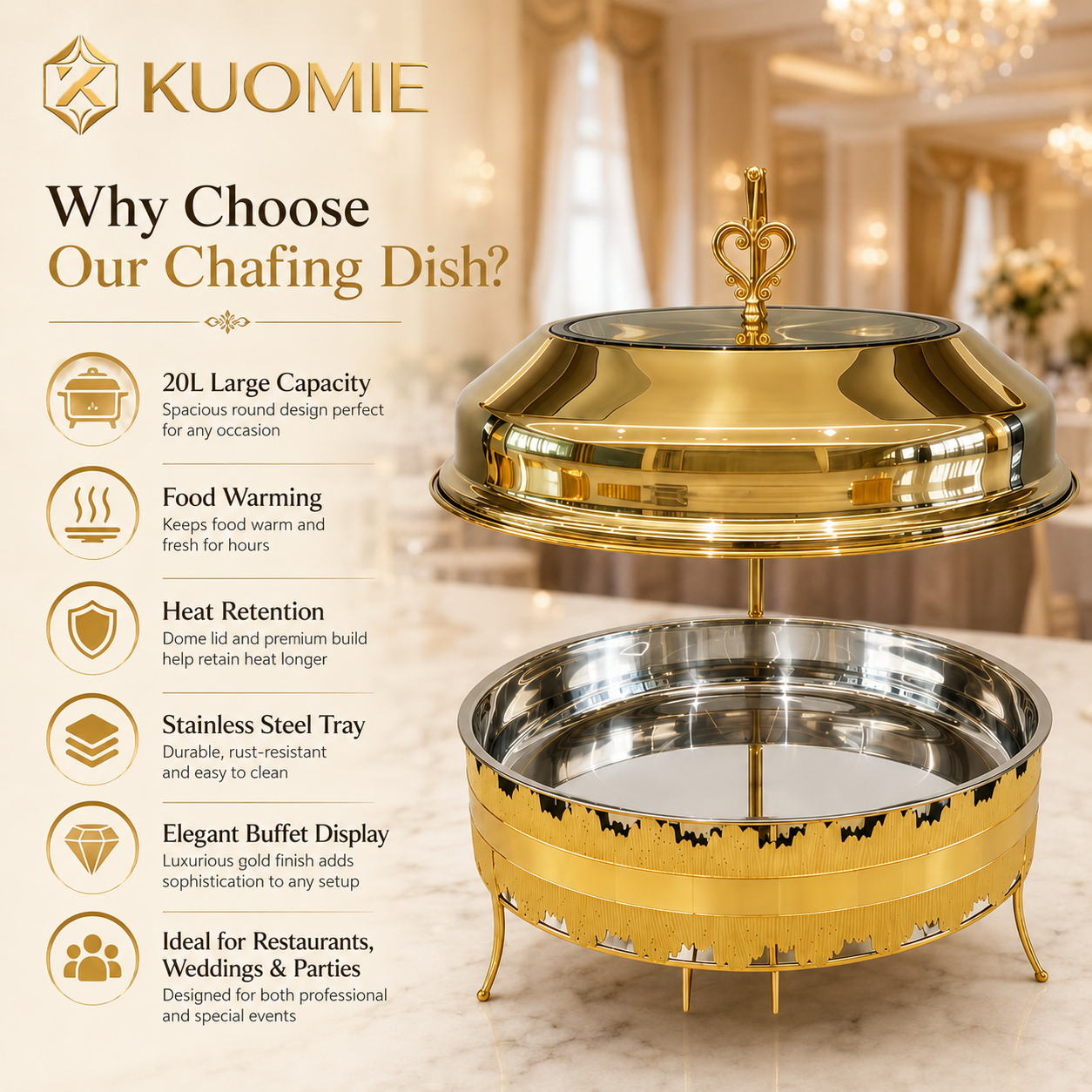 20L Suspended Dome Chafing Dish | KUOMIE GrandServe