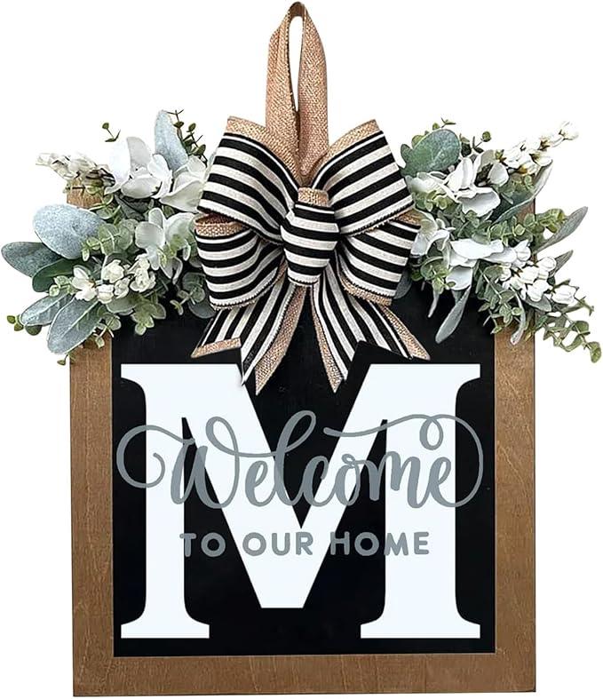 Last Name Year Round Front Door Wreath Front Porch Decoration 26 Letter Welcome Sign with Eucalyptus Garland and Bow Spring Wreaths for Front Door Outside Hanger Garland - kuomie