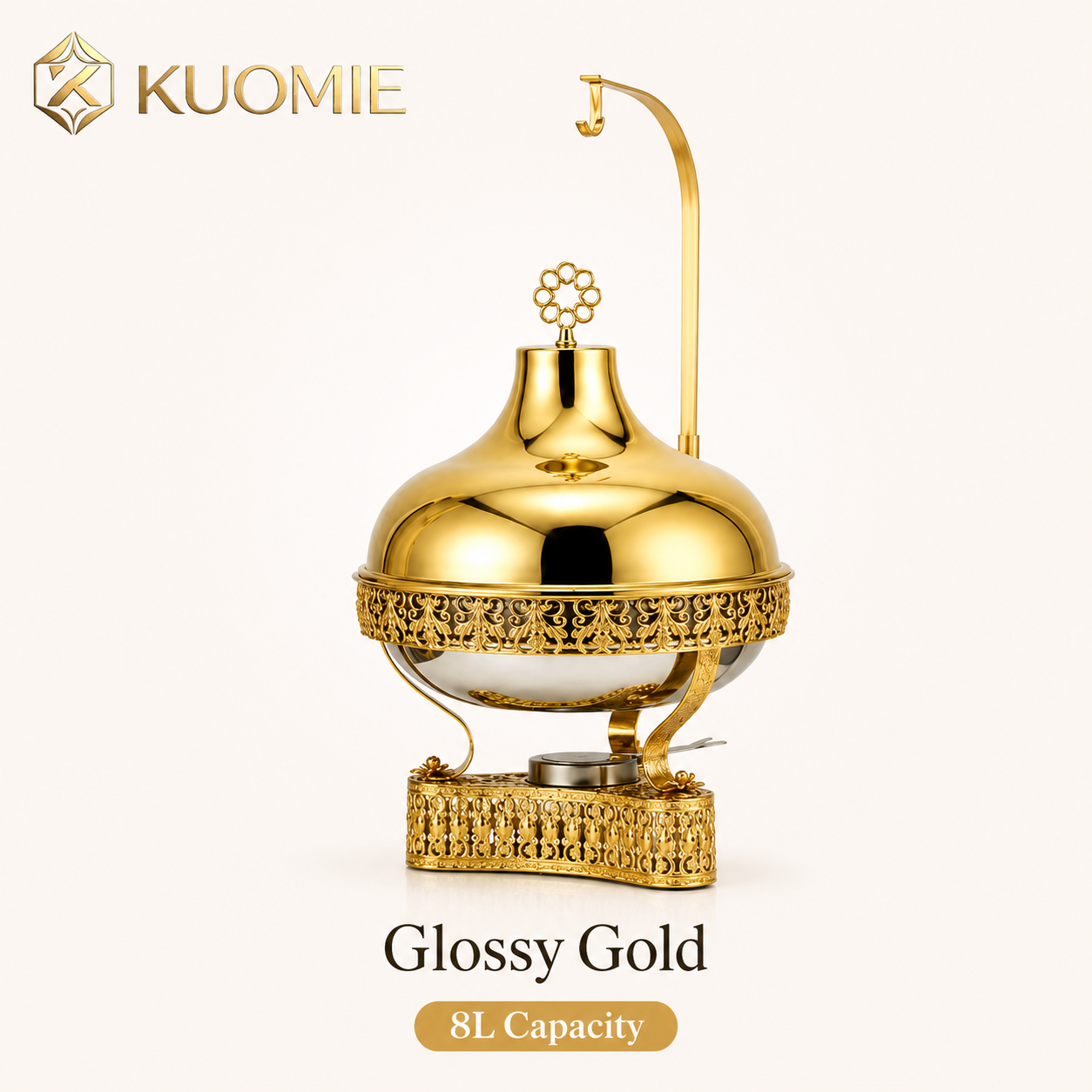KUOMIE 8L Luxury Chafing Dish with Hanging Lid, Stainless Steel Food Pan, Gold Filigree Buffet Warmer for Weddings, Hotels, Catering, Parties and Events